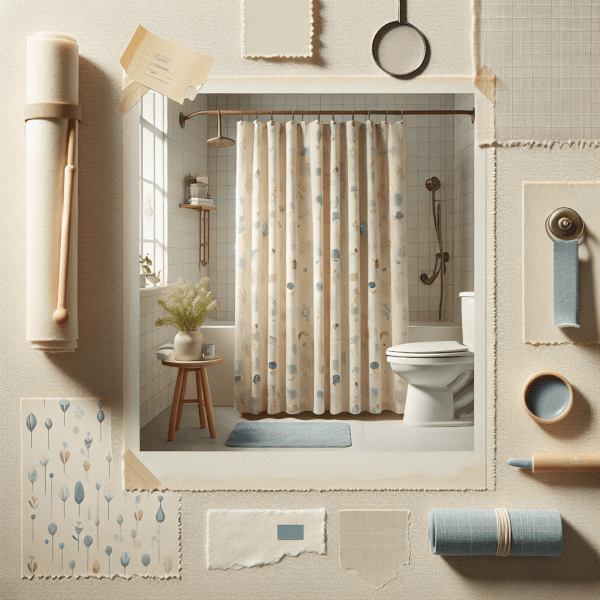 Close-up images of each type of shower curtain fabric (Polyester, Vinyl, PEVA/EVA, Cotton, Hemp/Linen) showing their texture and style, with subtle background settings that reflect their typical bathroom ambiance.