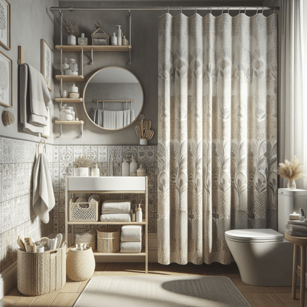 A beautifully styled bathroom showcasing a shower curtain that ties together the space with perfect lighting, clever storage, and a plush bath mat, emphasizing style and functionality.