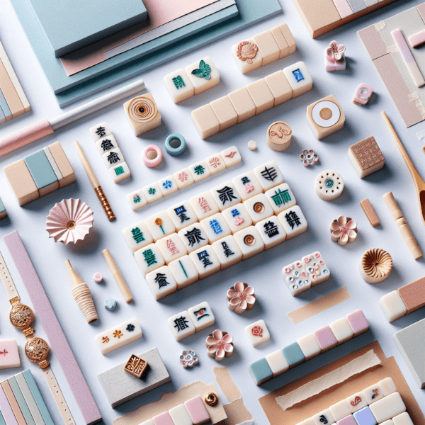 A detailed image showcasing the different types of mahjong tiles: suited tiles (Bamboo, Circles, Characters), honor tiles (Winds and Dragons), and bonus tiles (Flowers and Seasons), arranged aesthetically to highlight their design and variety.