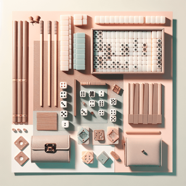 An image displaying mahjong accessories including racks holding tiles, dice, wind indicators, chips/counters, pushers, and a carrying case, illustrating how these items enhance the gameplay experience.