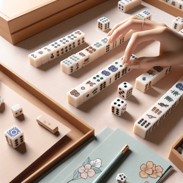 A close-up image of a mahjong game setup showing the tiles sliding from their racks, dice being rolled, and players ready to play, capturing the ritualistic charm of starting a game.