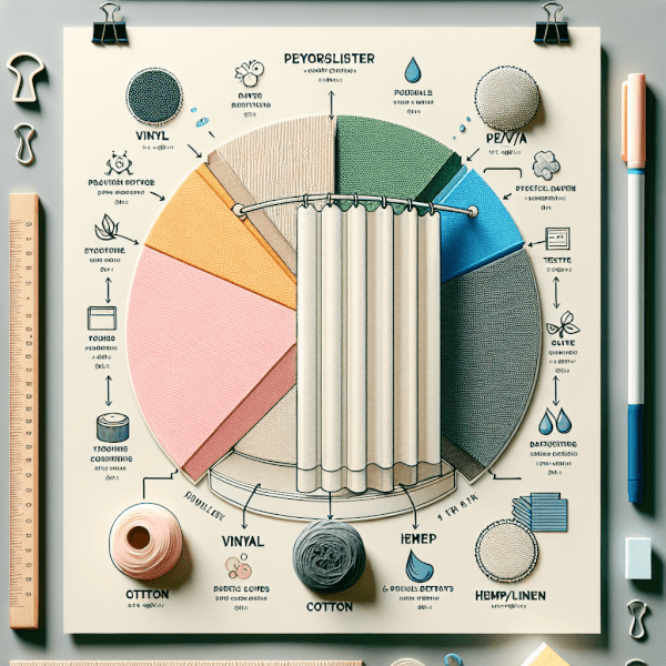A comparative visual infographic or chart illustrating popular shower curtain materials like Polyester, Vinyl (PVC), PEVA/EVA, Cotton, and Hemp/Linen, highlighting their texture, practical benefits, and ideal uses.