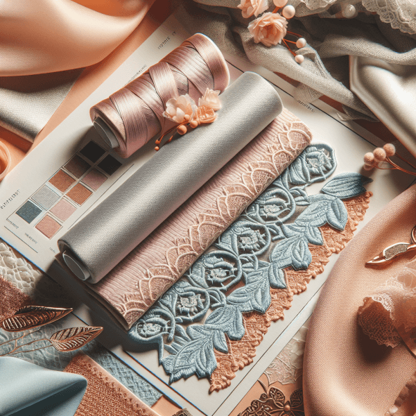 Close-up of luxurious fabrics used in Valentine’s pajamas: smooth satin with lace trim, soft cotton knits with waffle texture, and stretchy polyester-spandex blends, highlighting texture and color.