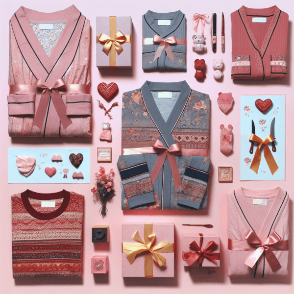 A warm and inviting Valentine’s Day gift setup showing matching pajama sets for couples or best friends, romantic lingerie bundles, budget-friendly everyday wear, and luxury robes and accessories wrapped with ribbons and gift tags.