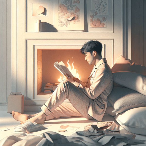 A relaxed evening scene with a person lounging comfortably in Valentine’s Day pajamas, reading a book by the fire or enjoying a quiet moment, emphasizing comfort, softness, and romantic ambiance.
