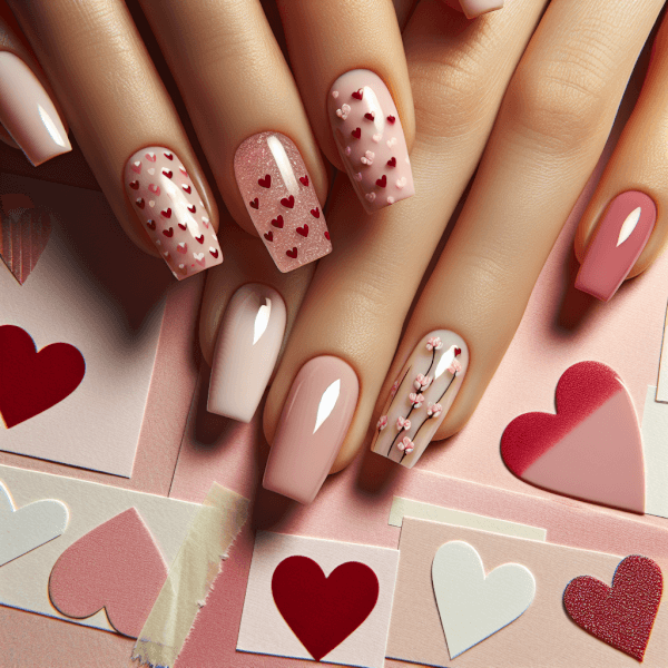 A collection of nail care and application tools such as press-on nails with Valentine’s designs, nail stickers, polish pens, fine brushes, and topcoat bottles, illustrating how these minimalist styles can be easily and beautifully achieved at home.