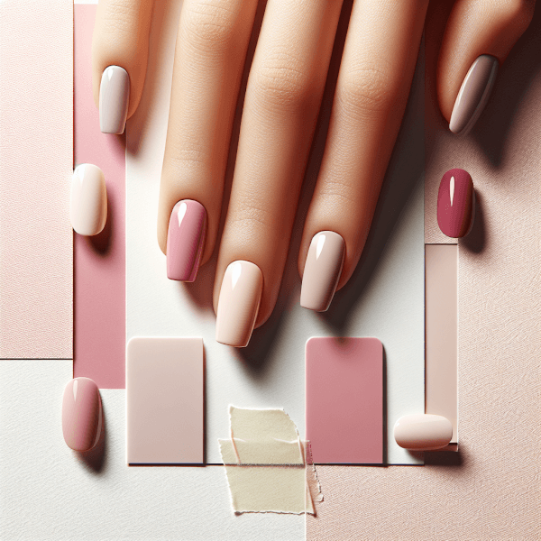 A close-up of minimalist Valentine’s Day nails featuring subtle color palettes: milky pink, soft pink, classic red, nudes and whites, with a mix of matte and glossy textures emphasizing understated elegance and seasonal warmth.