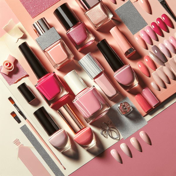 An array of nail polish bottles and nail designs showcasing the fresh color stories: hot pink, cherry red, blush, pale pink, milky pink, and nude neutrals, accompanied by different finishes such as glazed ('soap nails'), chrome accents, matte and glossy French tips.