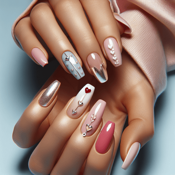 Various graceful nail art styles including minimalist tiny hearts, heart-shaped French tips with chrome shimmer, milky pink nails with glazed minimal accents like polka dots or gold foil, and classic red or pink French tips, displayed on well-manicured hands.