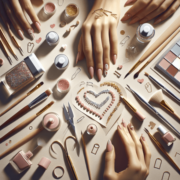 A step-by-step DIY nail art setup showing tools like fine brushes, dotting tools, nail guides, base and top coats, gold foil, and chrome powders, alongside hands in the process of creating delicate Valentine’s Day nail designs at home.
