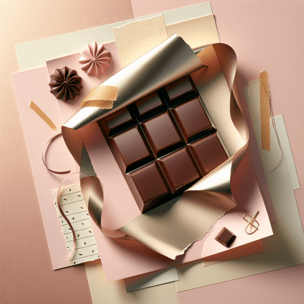 A close-up image of unwrapping a luxurious chocolate on Valentine's Day, showing the foil being peeled back and a perfectly tempered chocolate square with a bite taken from it, evoking a sense of private celebration.