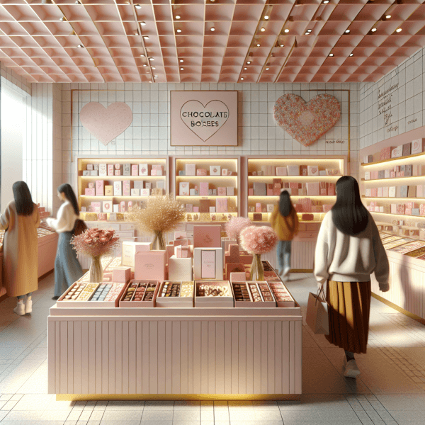 A vibrant scene of shoppers browsing an upscale chocolate store decorated for Valentine’s Day 2026, featuring personalized packaging, custom messages, and a mix of budget-friendly and luxury chocolate gift boxes.