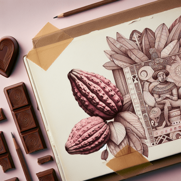 A historical depiction of ancient Mesoamerican cultures with cacao beans, alongside an elegant 19th-century Cadbury heart-shaped chocolate box symbolizing the origins of Valentine’s chocolate tradition.