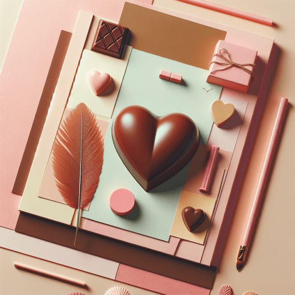 A romantic scene featuring heart-shaped chocolates with smooth textures and rich colors, conveying the sensory delight and symbolism of chocolate as a love token.