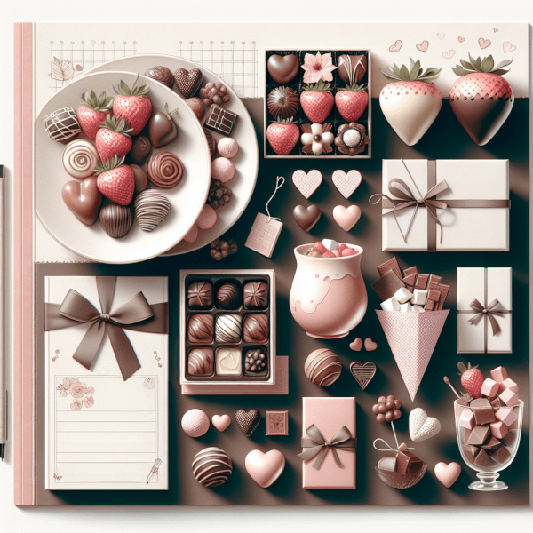 A modern assortment of Valentine’s chocolate gifts including chocolate-covered strawberries, handcrafted truffles, chocolate fondue with fruits and marshmallows, and a Japanese gifting tradition scene with 'giri-choco' and 'honmei-choco'.