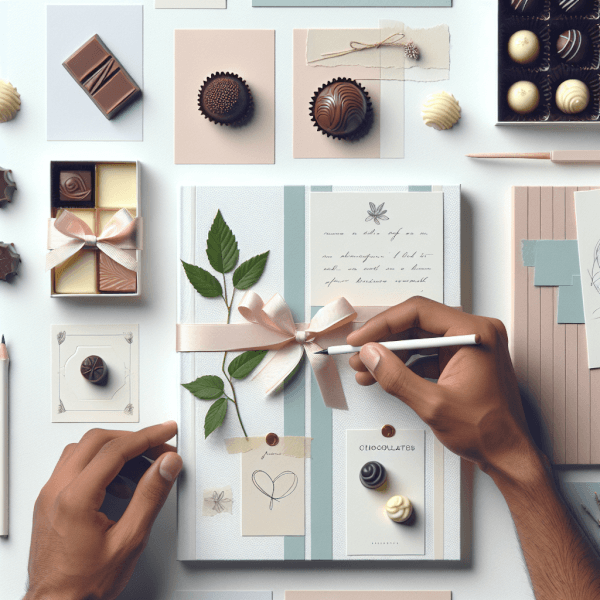 An intimate setting of someone choosing or gifting artisanal chocolates with elegant packaging, incorporating elements like handwritten notes, homemade chocolates being dipped, and options for dietary preferences.