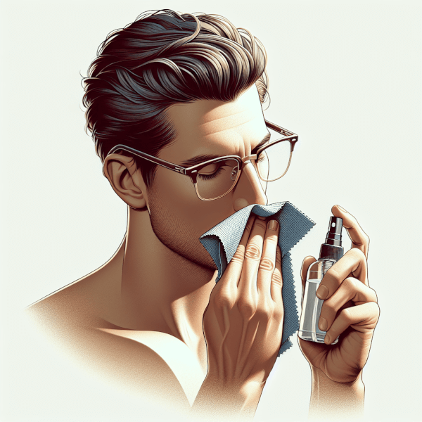 An illustration of a person gently cleaning their glasses with a microfiber cloth and lens spray, emphasizing a calm, self-care morning ritual.