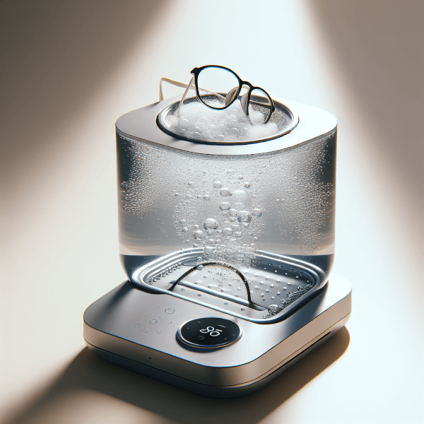 A depiction of an ultrasonic cleaner device with glasses submerged inside, showing bubbles and the gentle cleaning process for deeper care.