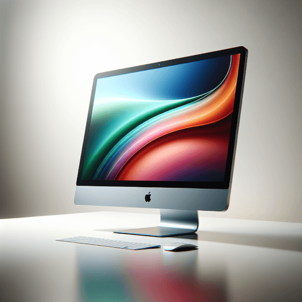 Apple iMac 24-inch M4 all-in-one computer with ultra-slim design displayed on a minimalist white desk, showing its vibrant 4.5K Retina screen and sleek colorful chassis.