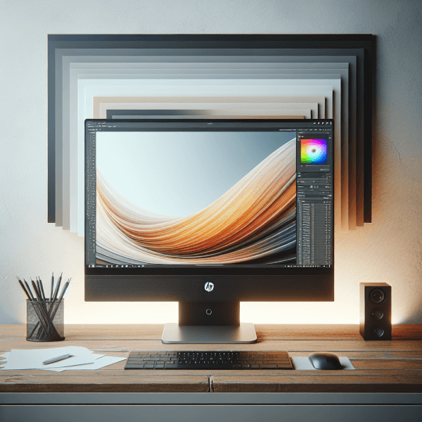 HP OmniStudio X all-in-one computer featuring a crisp 4K UHD IPS display, showcased on a modern office desk with visible multiple USB ports and a slim elegant design.