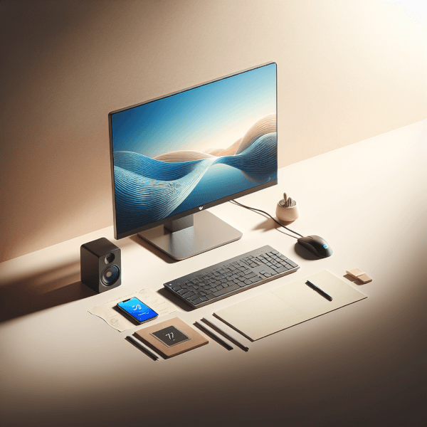 Dell Inspiron 24 AiO (5415) all-in-one desktop with a 24-inch Full HD display, shown on a simple workspace highlighting its practical design and connectivity ports like USB-C and HDMI.