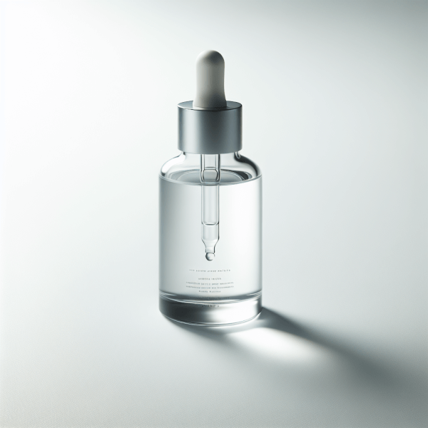 A clear glass bottle of hyaluronic acid serum with a dropper, placed on a minimalist white background highlighting its hydrating properties.