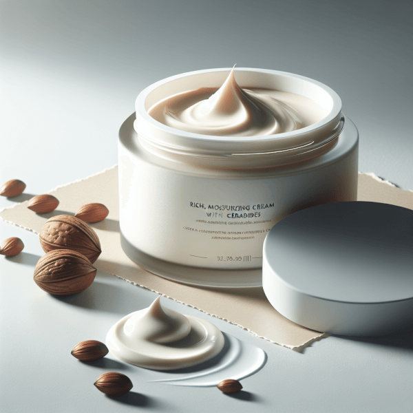 A jar of rich moisturizing cream containing shea butter and ceramides, shown open with a smooth texture visible, styled with natural elements like shea nuts or a smear of cream beside it.