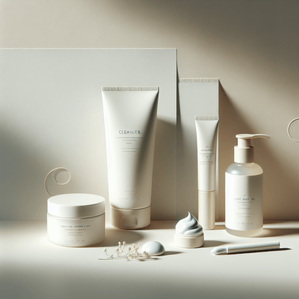 A selection of gentle winter skincare products: a creamy non-foaming cleanser tube, a soft hydrating mask in a small jar, and a nourishing lip balm stick, arranged cleanly on a light surface.