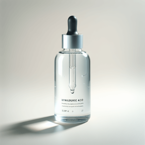 A clear bottle of hyaluronic acid serum with a dropper on a white background, capturing the clean and minimal aesthetic of skincare hydration products.
