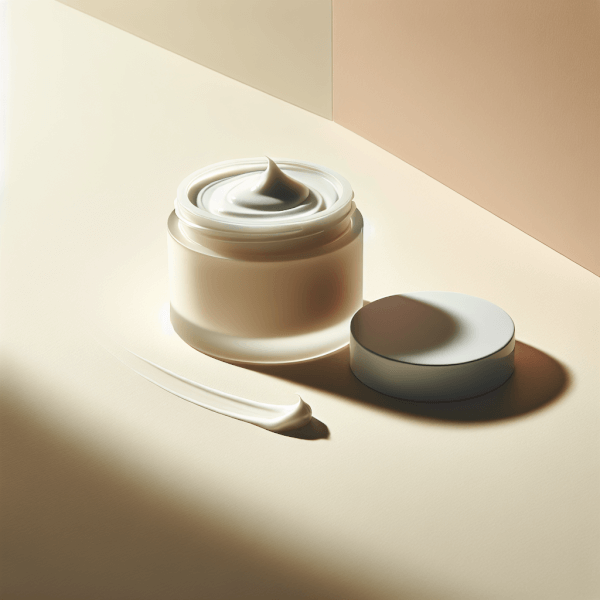 A jar of rich winter moisturizer cream with visible texture, placed on a simple white surface, highlighting emollient ingredients like shea butter and ceramides.