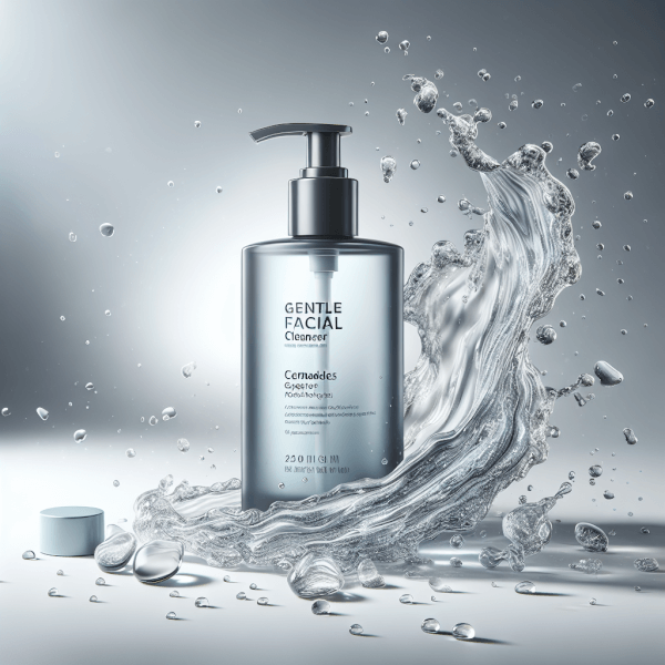 A gentle facial cleanser tube or pump bottle labeled with ceramides and glycerin, shown with a clean, fresh water splash effect to emphasize moisturizing and barrier protection.