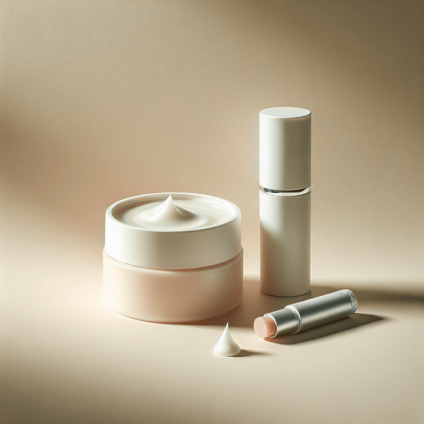 A small, open jar or tube of nourishing hand balm alongside a lip balm stick, both with simple packaging, set on a neutral background to emphasize winter skin protection essentials.